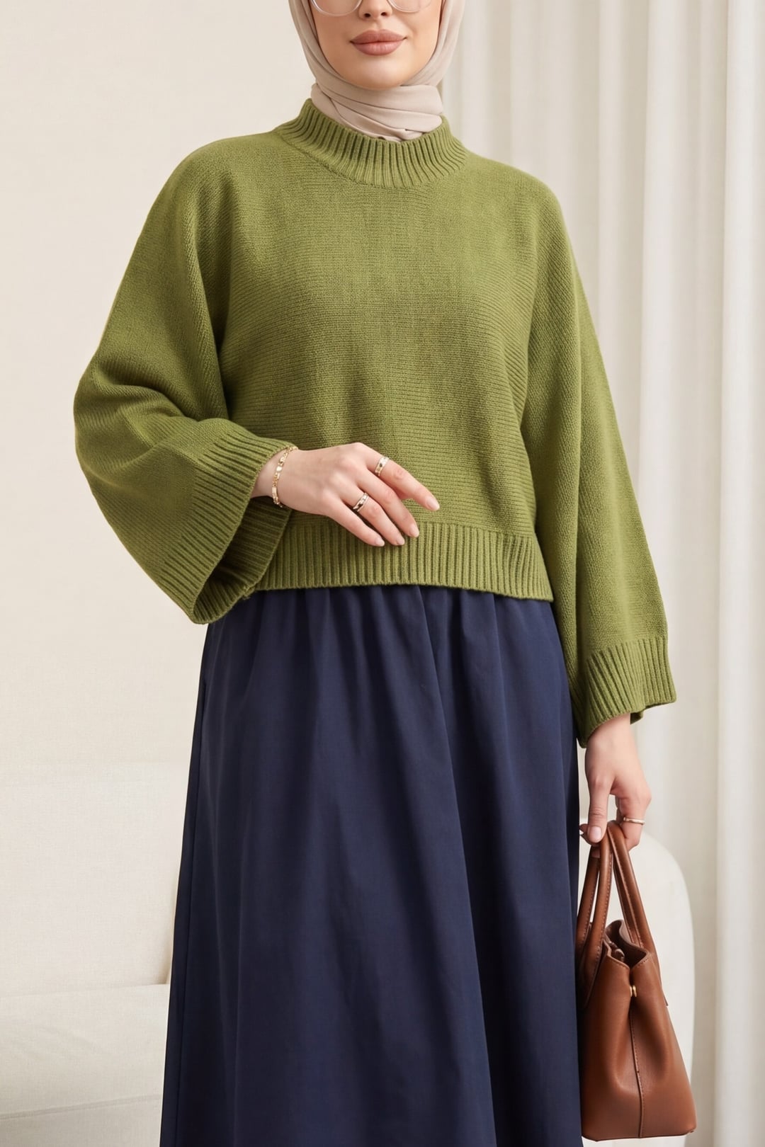 Olive Green Half-Mock Neck Batwing Sleeve Tunic Sweater - Podyumplus - by Peralane
