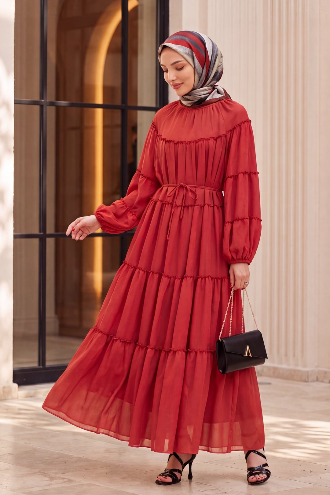 Women's Red Tiered Ruffle Sleeve Dress with Tie Waist - Podyumplus - by Peralane - photo 3