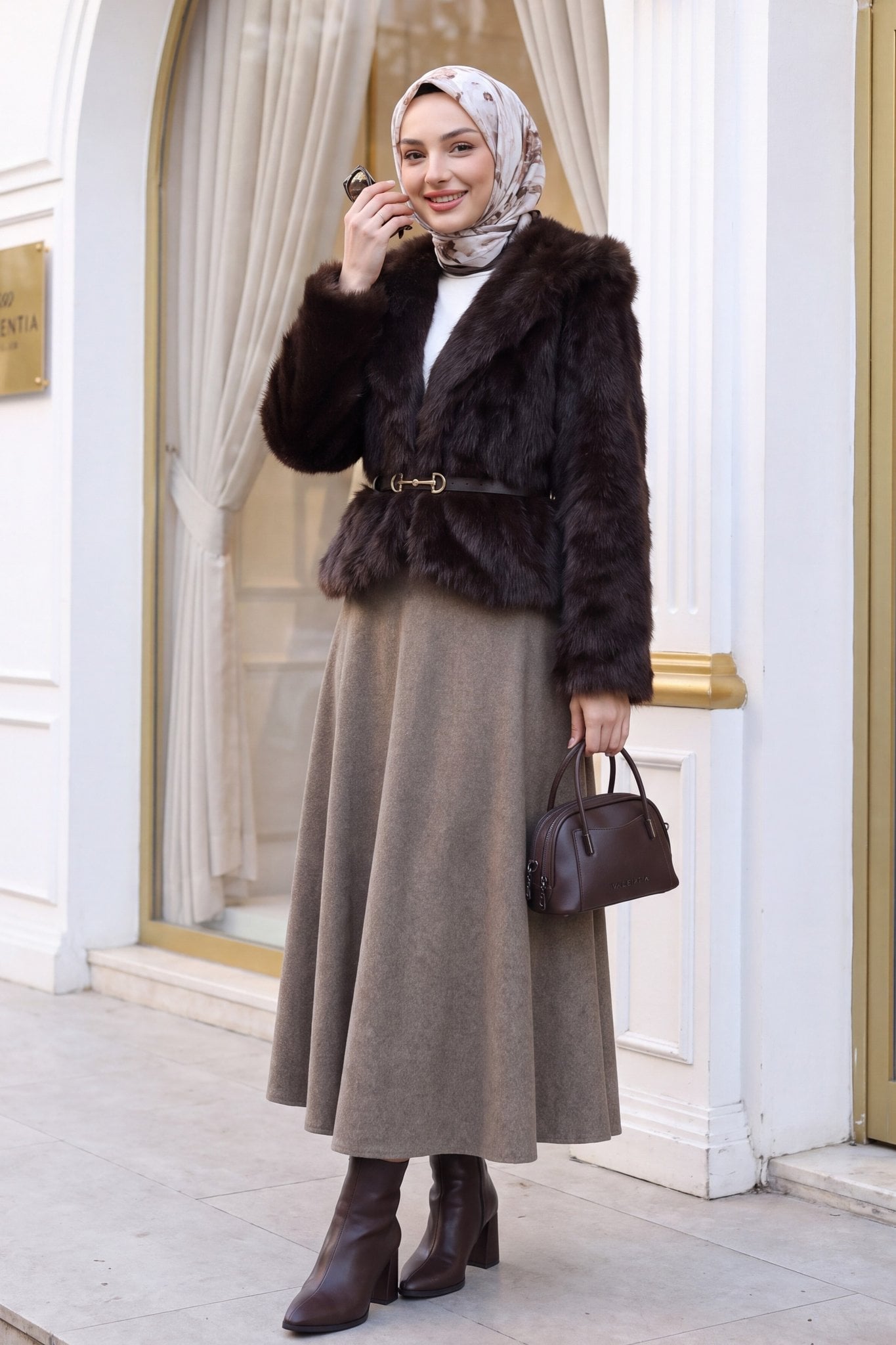 Belted Lined Double-Pocket Faux Fur Coat - Dark Brown - Podyumplus - by Peralane - photo 3