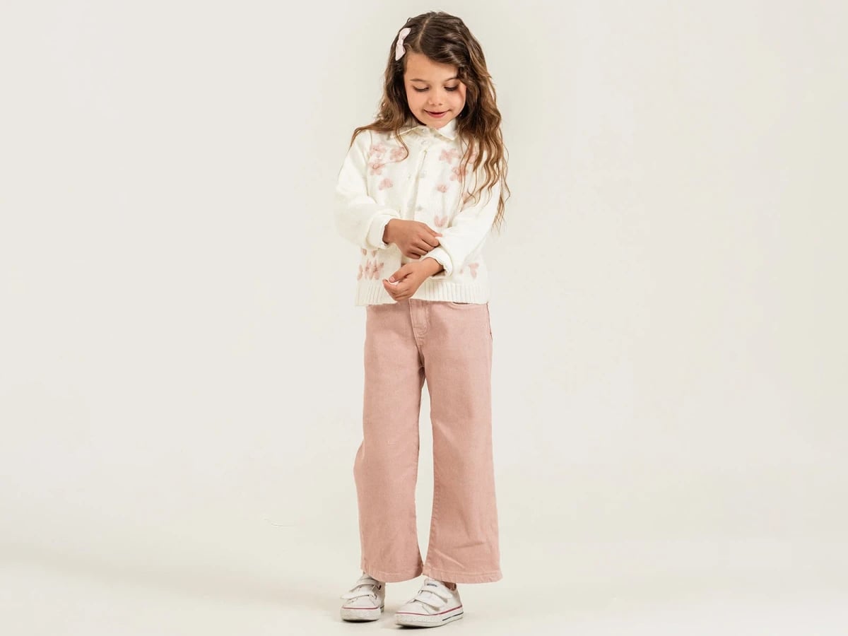 Girls' Knit Cardigan, Shirt and Corduroy Trousers Set in Rose - Pampal Kids - by Peralane