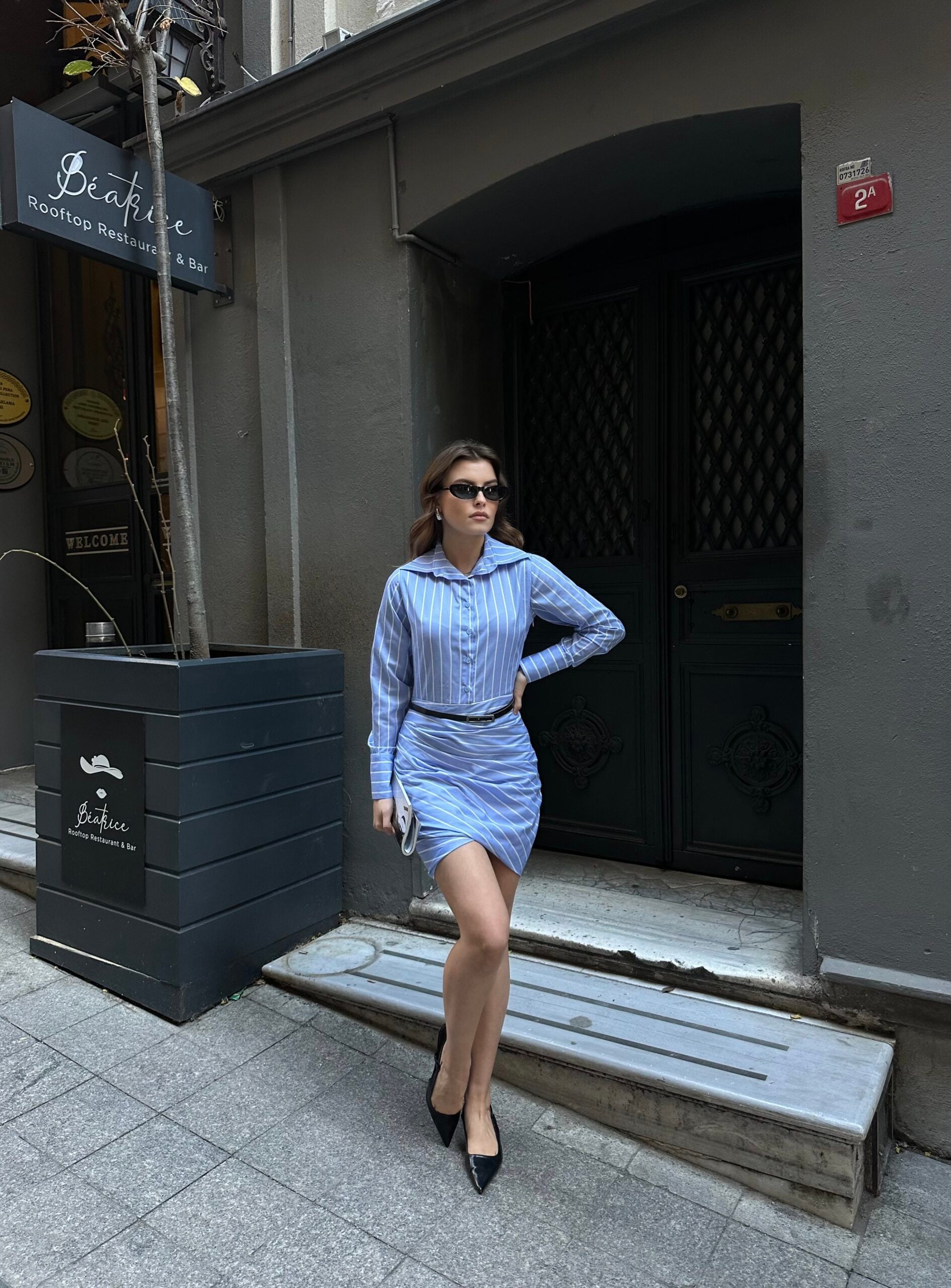 Belted Light Blue Striped Long Sleeve Dress for Women - My Bee - by Peralane - photo 4
