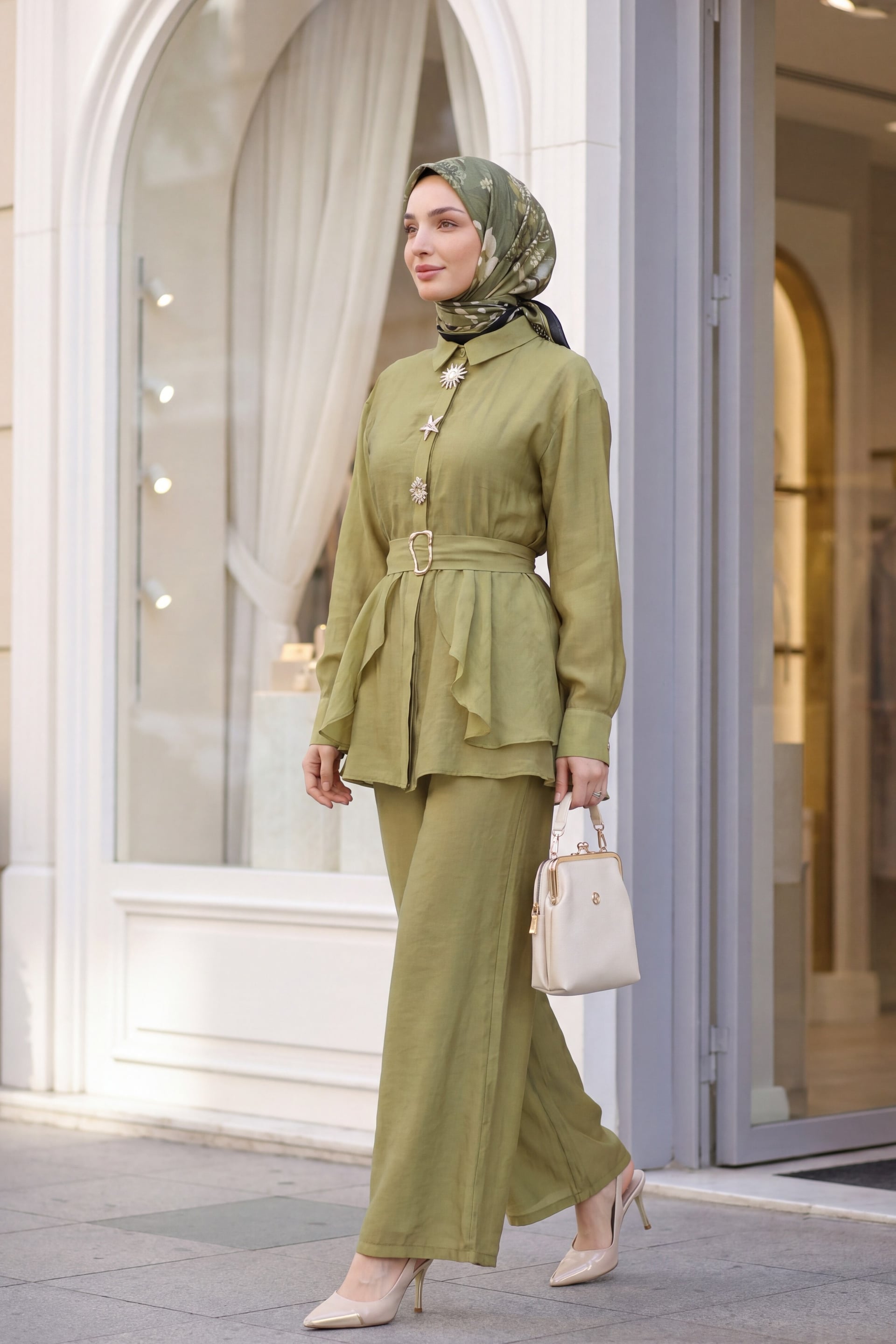 Olive Green Lined Two-Piece Set with Belted Blouse and Wide-Leg Trousers - Podyumplus - by Peralane - photo 4