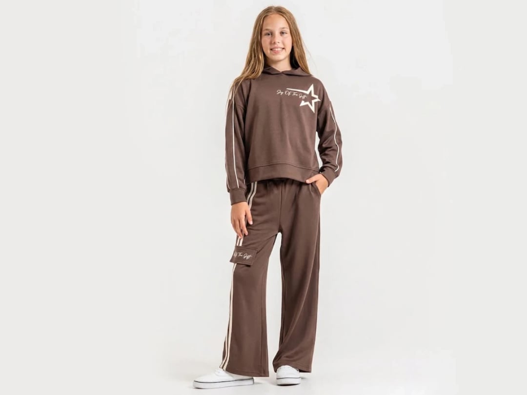 Girls' Star Print Hooded Tracksuit Set with Pockets - Brown - ÖZ Bebe - by Peralane