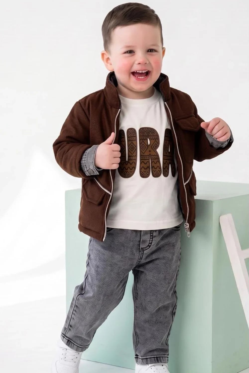 Kids 4-Piece Casual Outfit Set with T-Shirt and Denim Trousers - Brown - Has Bereket - by Peralane