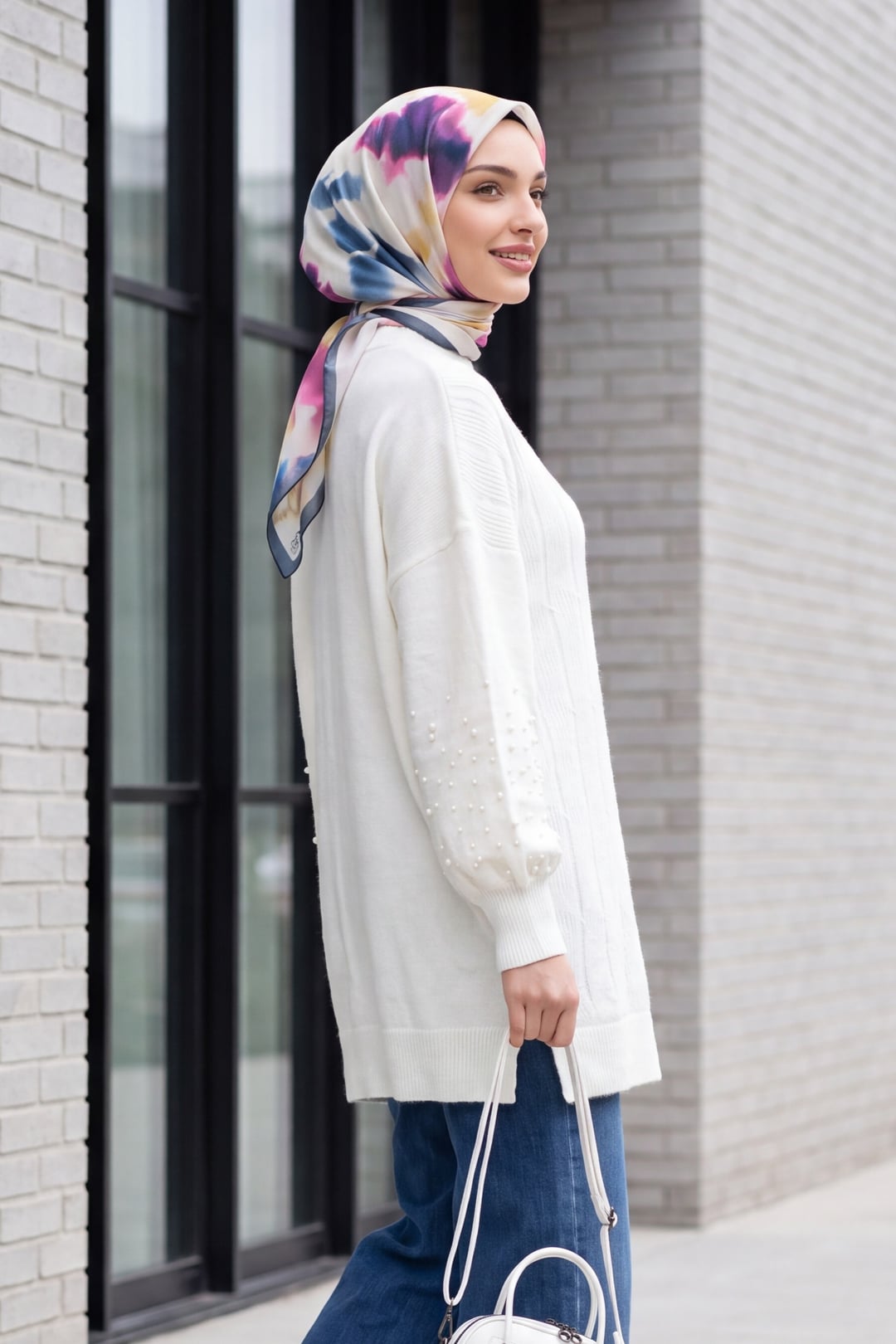 White Loose-Fit Knit Tunic with Pearl Bead Sleeve Details - Podyumplus - by Peralane - photo 2