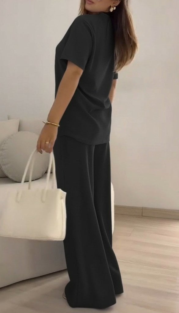 Women's Black Short Sleeve Round Neck Viscose Two-Piece Set with Blouse and Wide-Leg Trousers - Janes - by Peralane - photo 4