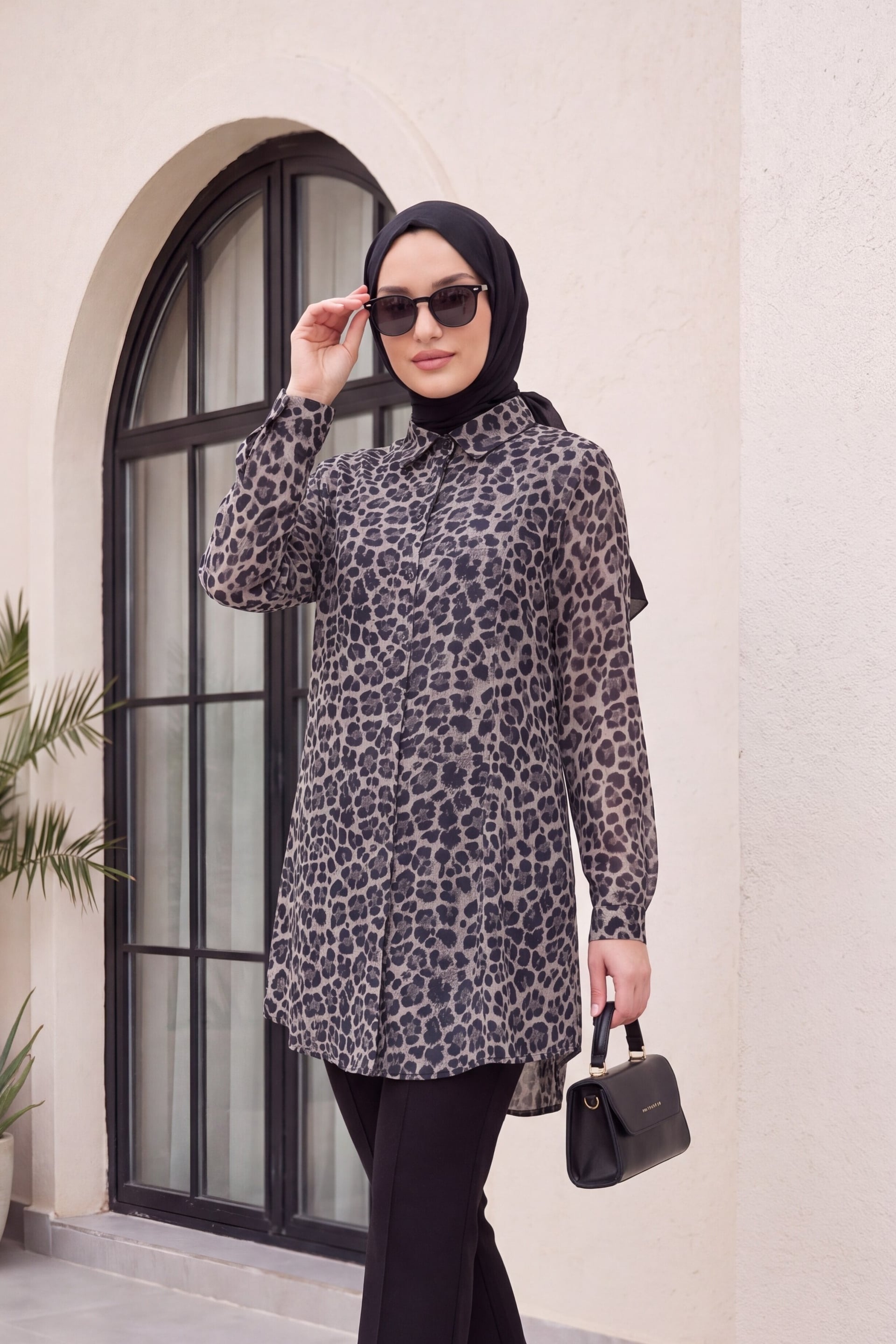 Leopard Print Buttoned Oval Cut Tunic - Grey - Podyumplus - by Peralane