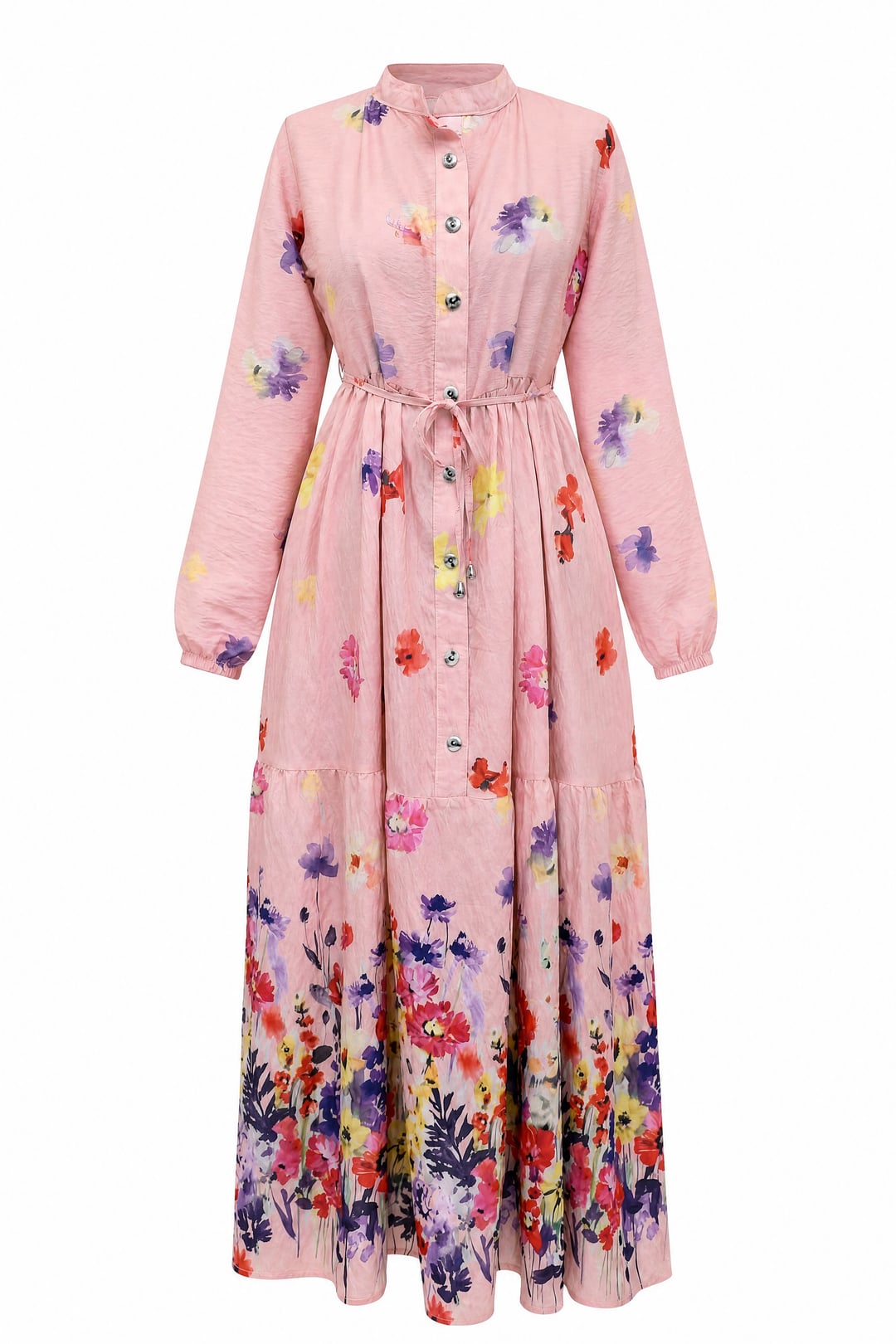 Floral Print Button-Front Belted Policoton Dress with Elastic Cuffs - Powder - Podyumplus - by Peralane - photo 5