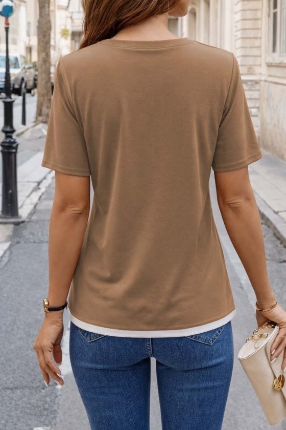 Women's Short Sleeve Boat Neck Viscose Blouse - Brown - Janes - by Peralane - photo 4