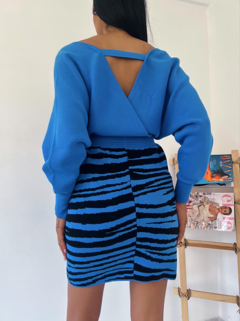 Blue Knit Two-Piece Dress Set with Striped Skirt - My Bee - by Peralane - photo 2