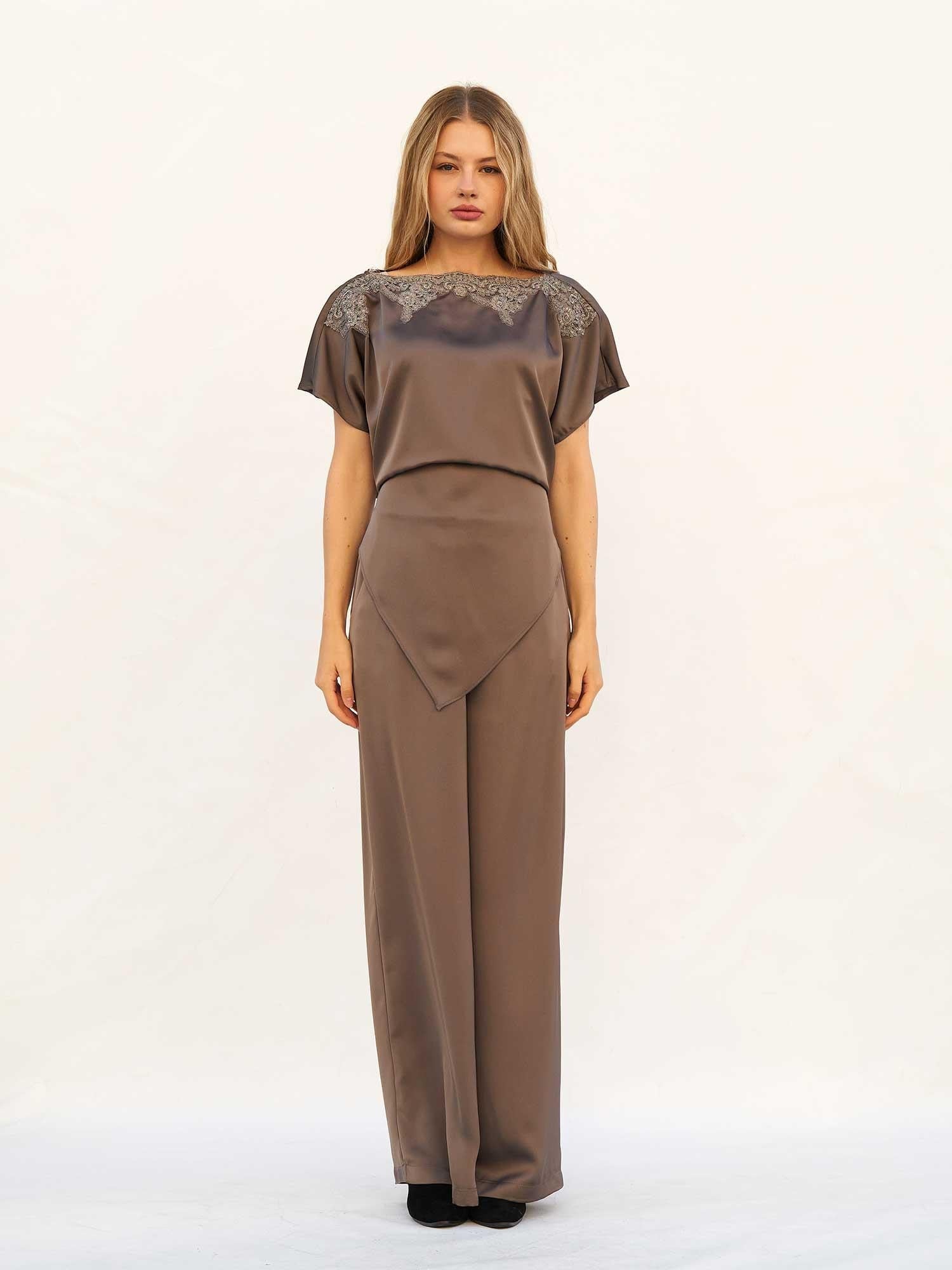 Lace Collar Asymmetric Satin Blouse and Trousers Set - Lefon - by Peralane