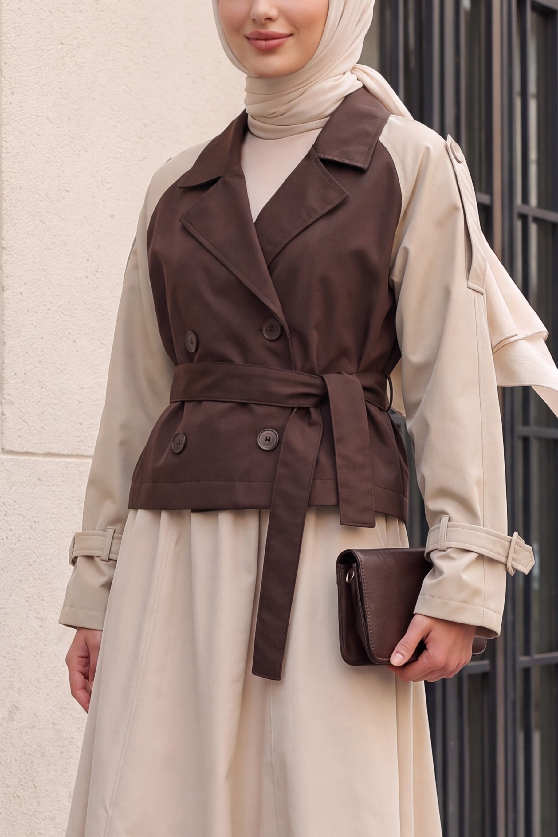 Women's Belted Short Trench Coat in Brown Beige - Bigdart - by Peralane