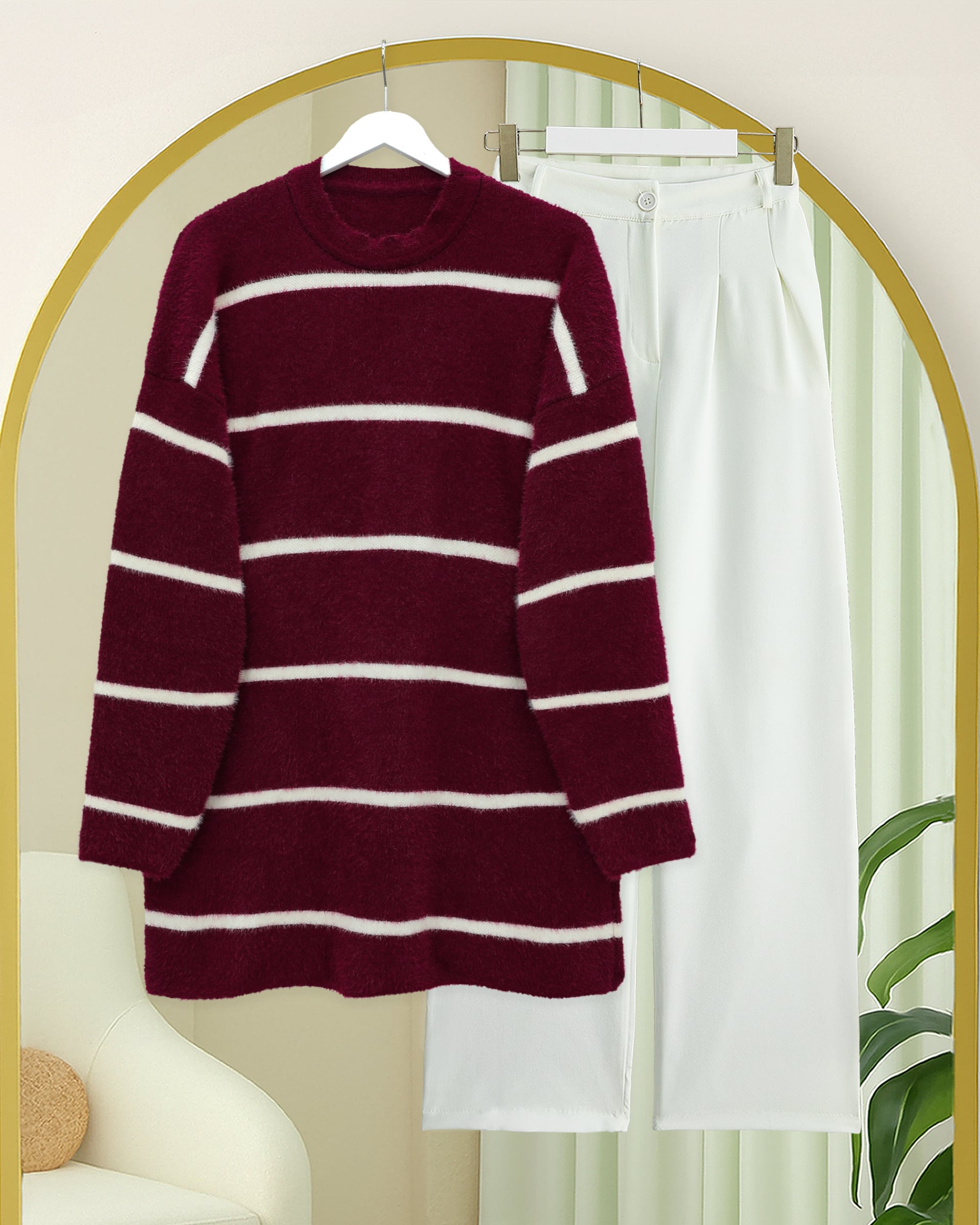 Striped Slouchy Knit Tunic - Burgundy - Podyumplus - by Peralane - photo 4