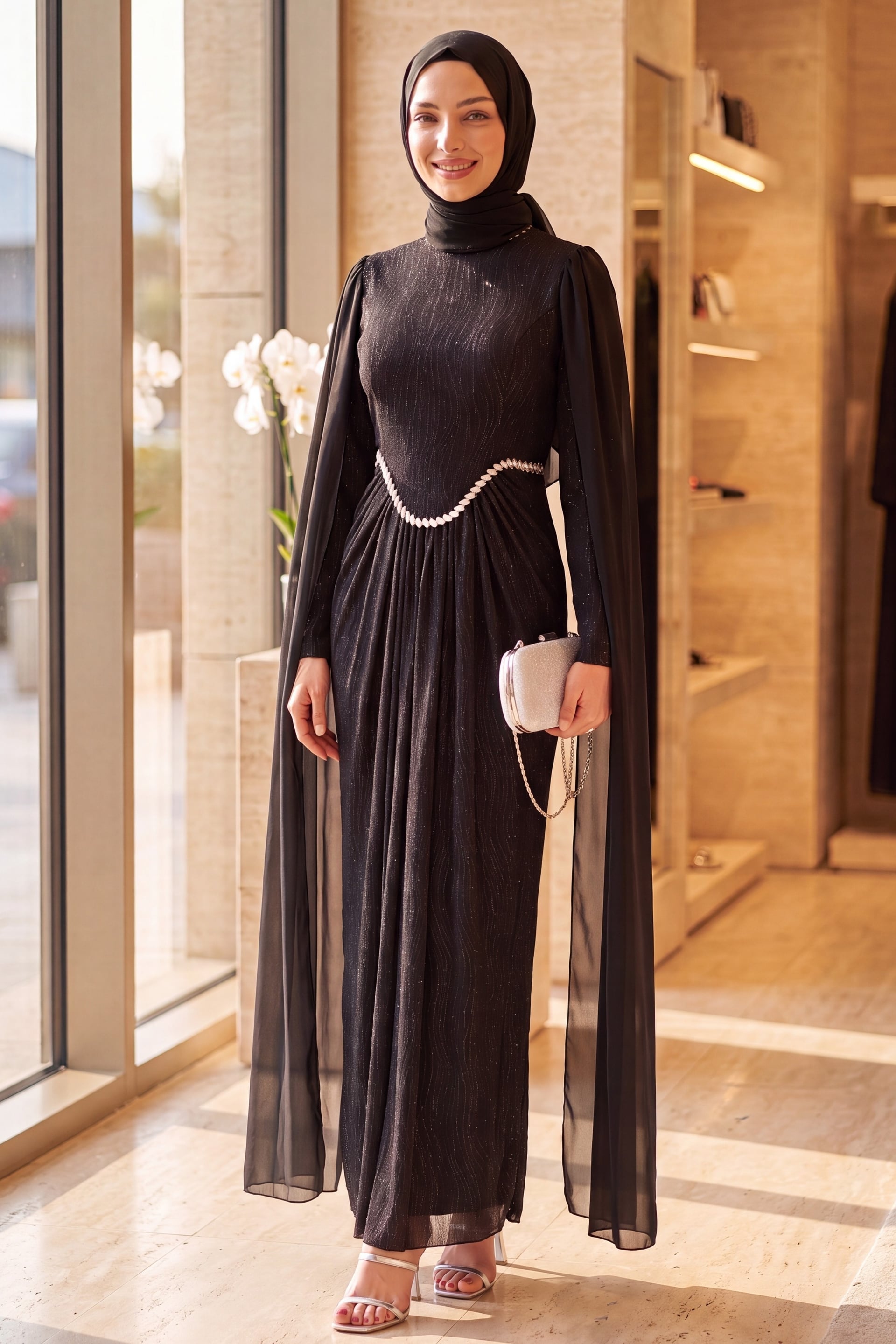 Black Sequin Jersey Evening Dress with High Neck and Cape Sleeves - Podyumplus - by Peralane - photo 2