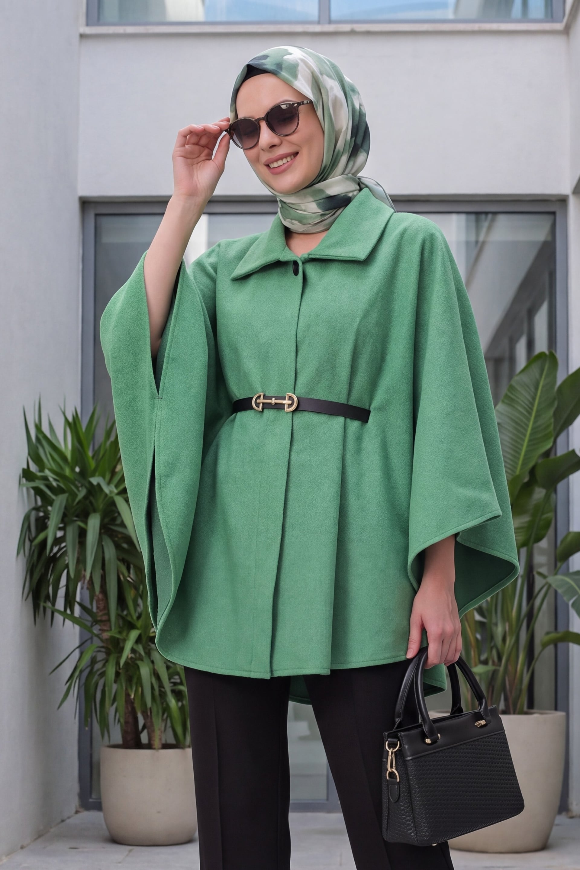Women's Belted Wool Blend Cape Poncho - Green - Bigdart - by Peralane - photo 2
