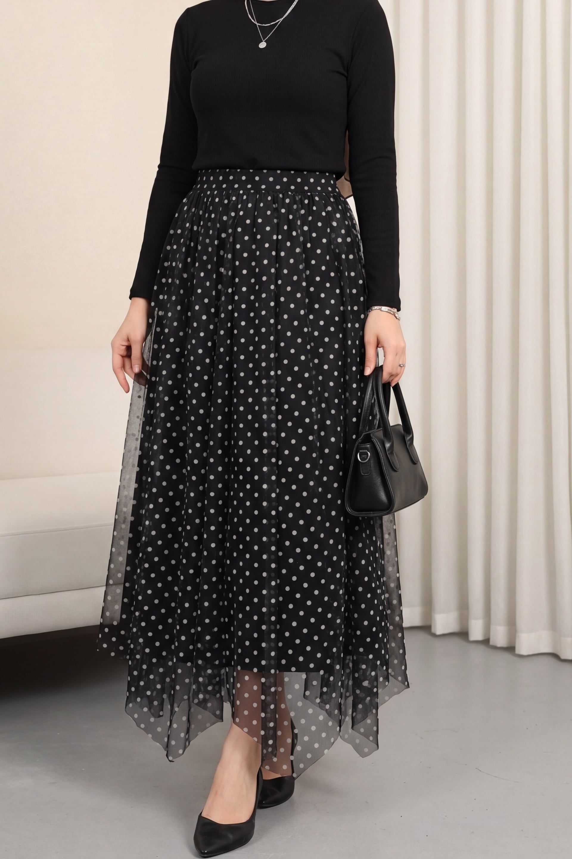 Black Asymmetric Cut Seamed Lined Chiffon Skirt with Elastic Waist - Podyumplus - by Peralane