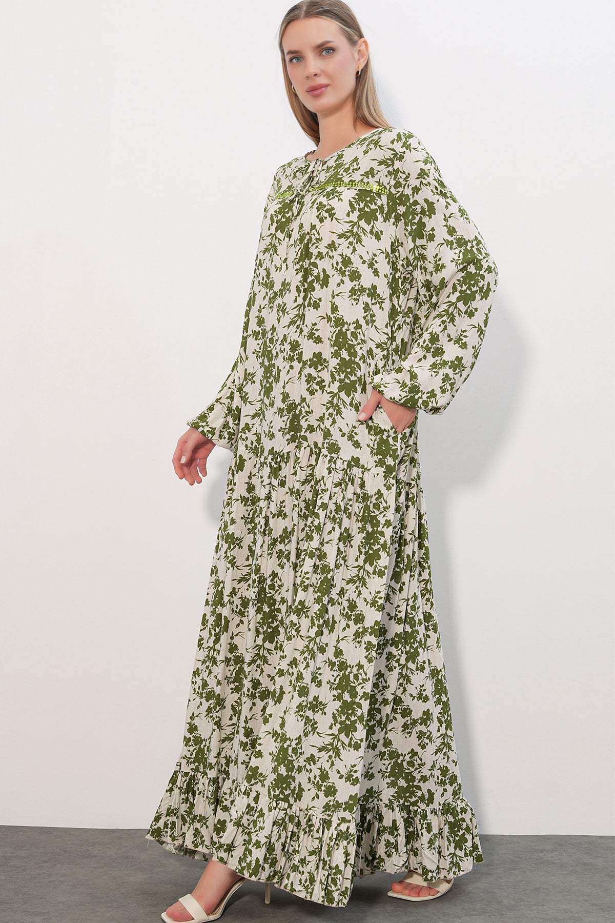 Women's Green Floral Print Long Dress with Pockets and Tie Detail - Bigdart - by Peralane - photo 3