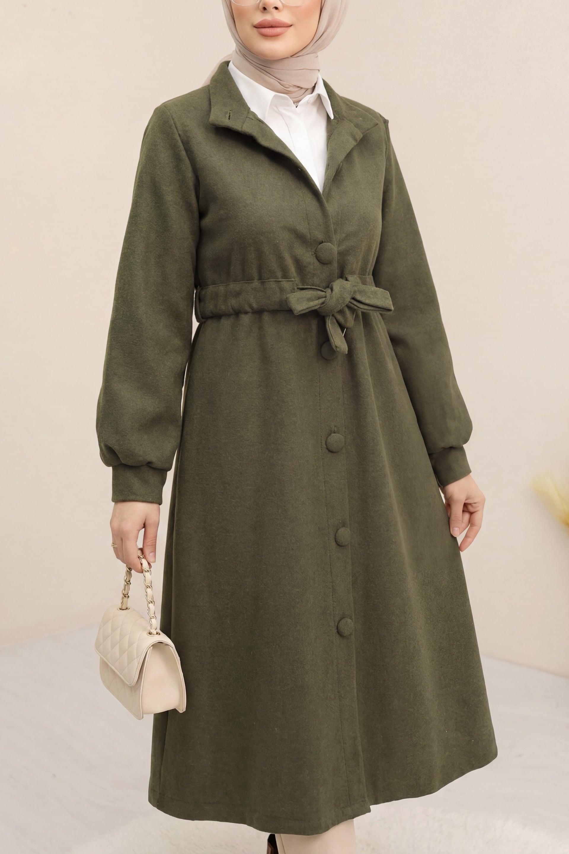 Tie-Waist Mock Two-Button Cashmere Coat in Olive - Podyumplus - by Peralane - photo 2