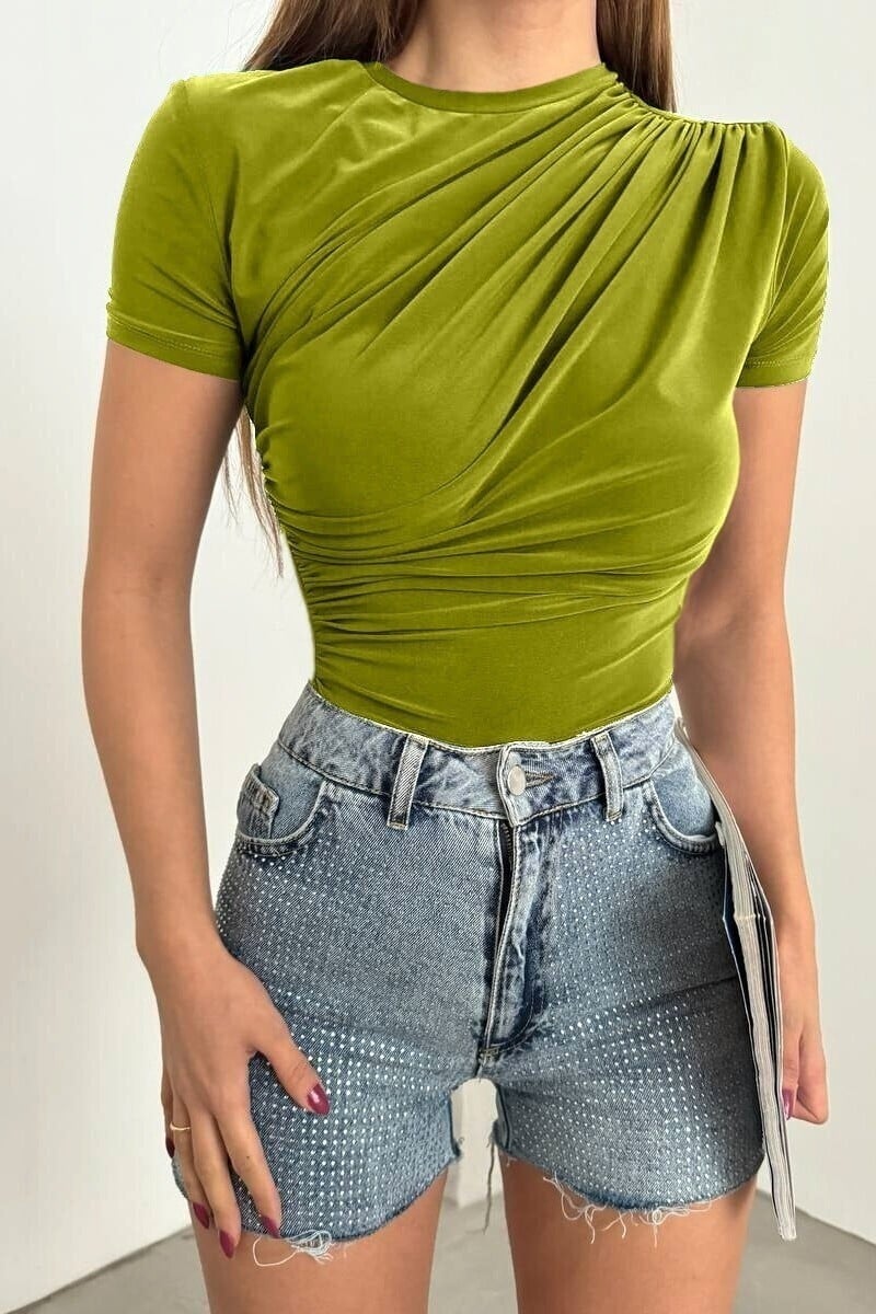 Cross Ruched Short Sleeve Sandy Blouse - Olive Green - Podyumplus - by Peralane - photo 2
