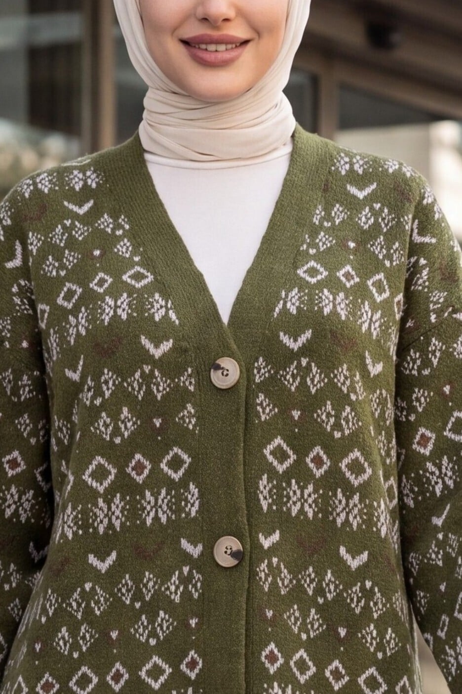 Olive Green V-Neck Patterned Button-Front Knit Cardigan - Podyumplus - by Peralane - photo 2