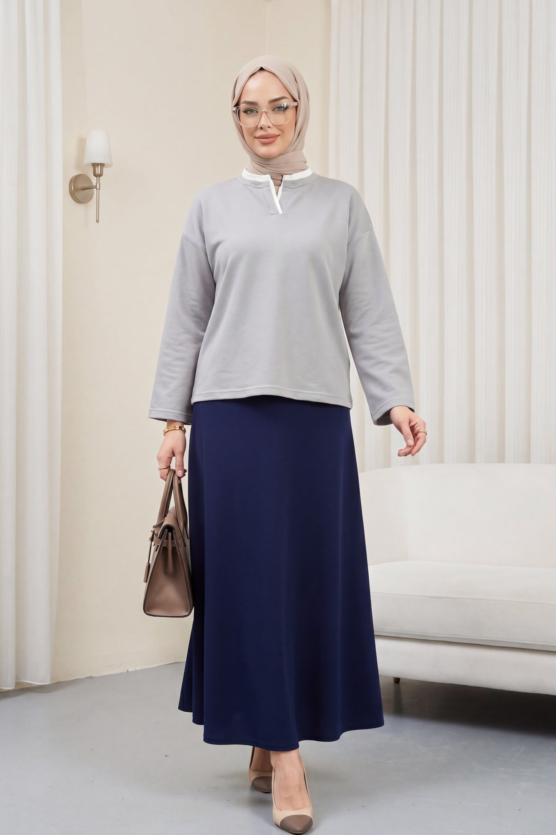 V-Neck Double-Layer 2-Thread Jersey Blouse - Grey - Podyumplus - by Peralane - photo 3