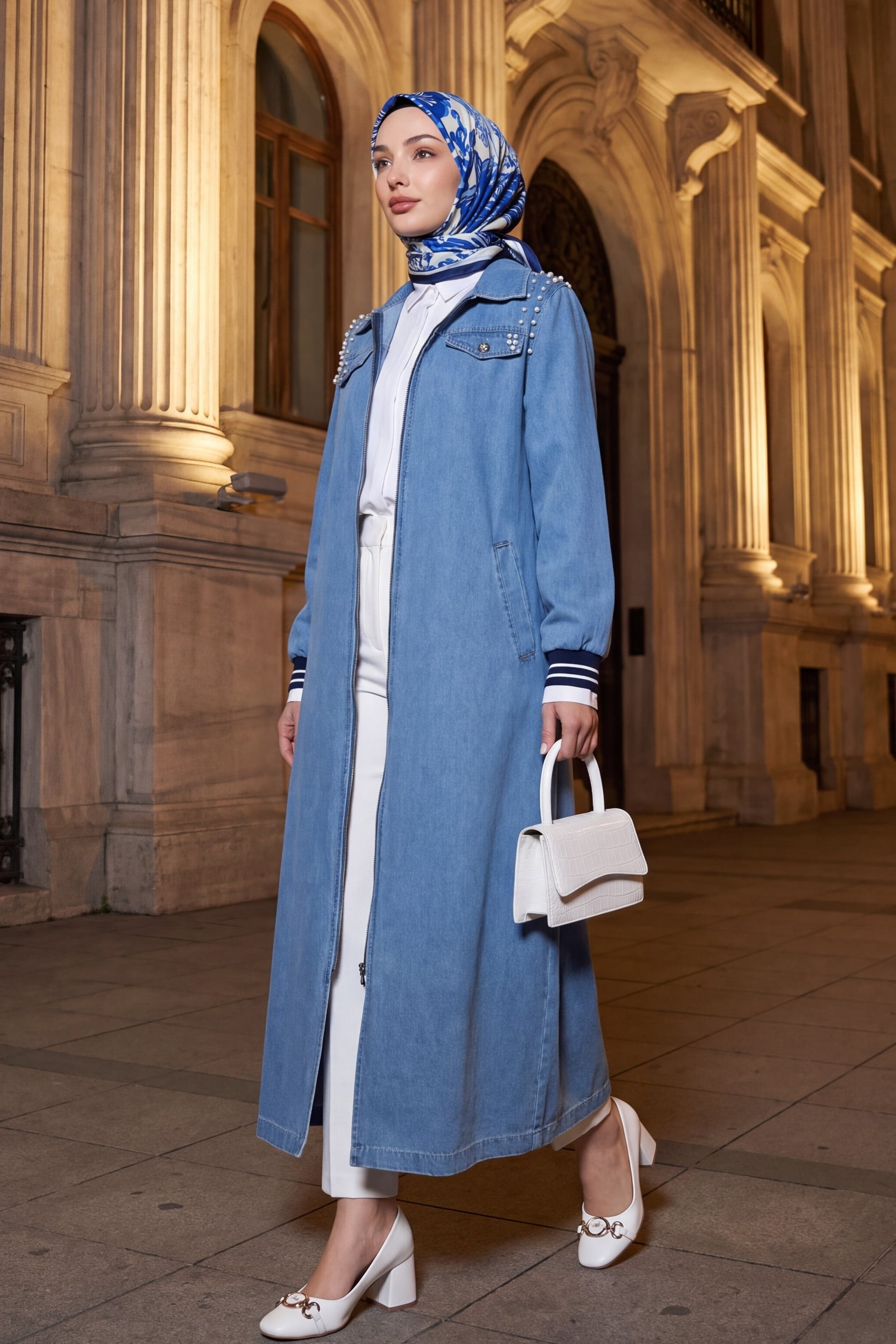 Longline Zip-Up Denim Jacket with Pearl Shoulder Detail - Light Blue - Podyumplus - by Peralane - photo 5