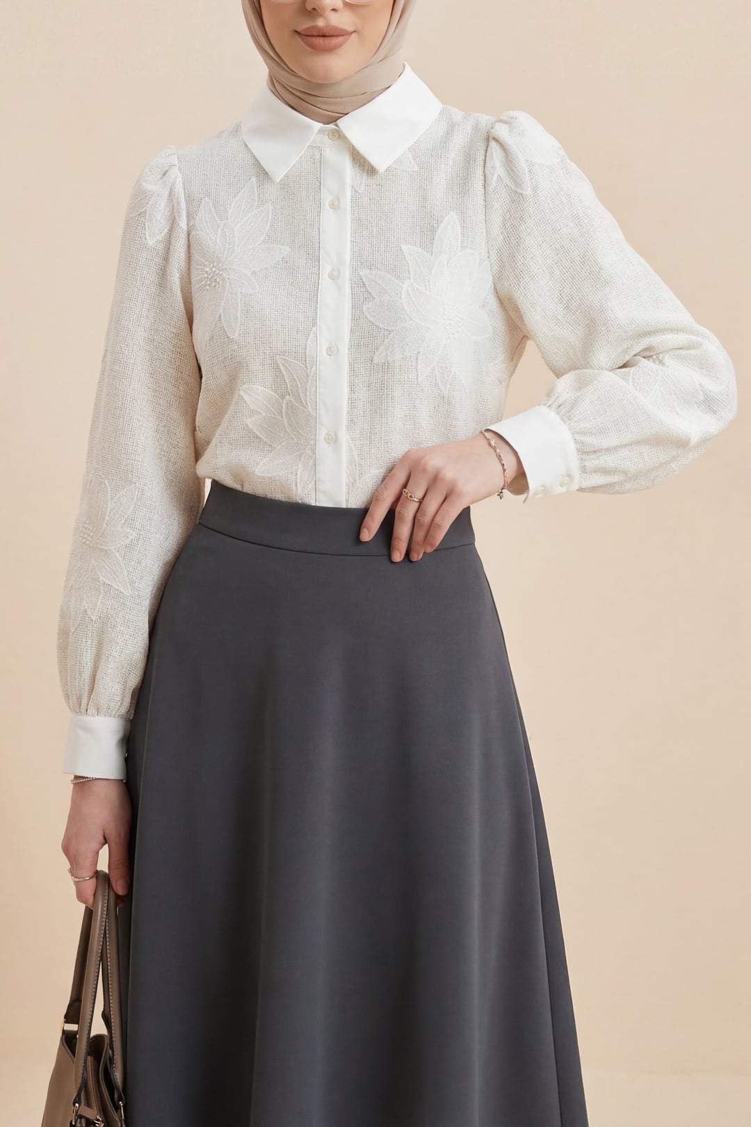 Puff-Sleeve Floral Embroidered Etamine Blouse - Cream - Podyumplus - by Peralane - photo 2