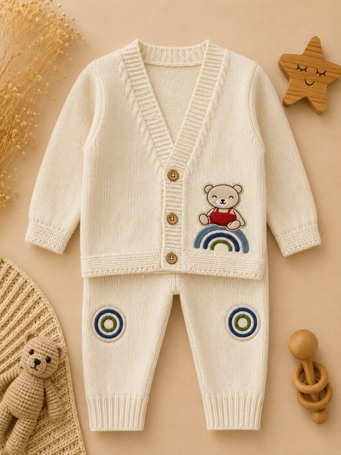 2-Piece Knitted Baby Cardigan and Trousers Set - Cream - Has Bereket - by Peralane