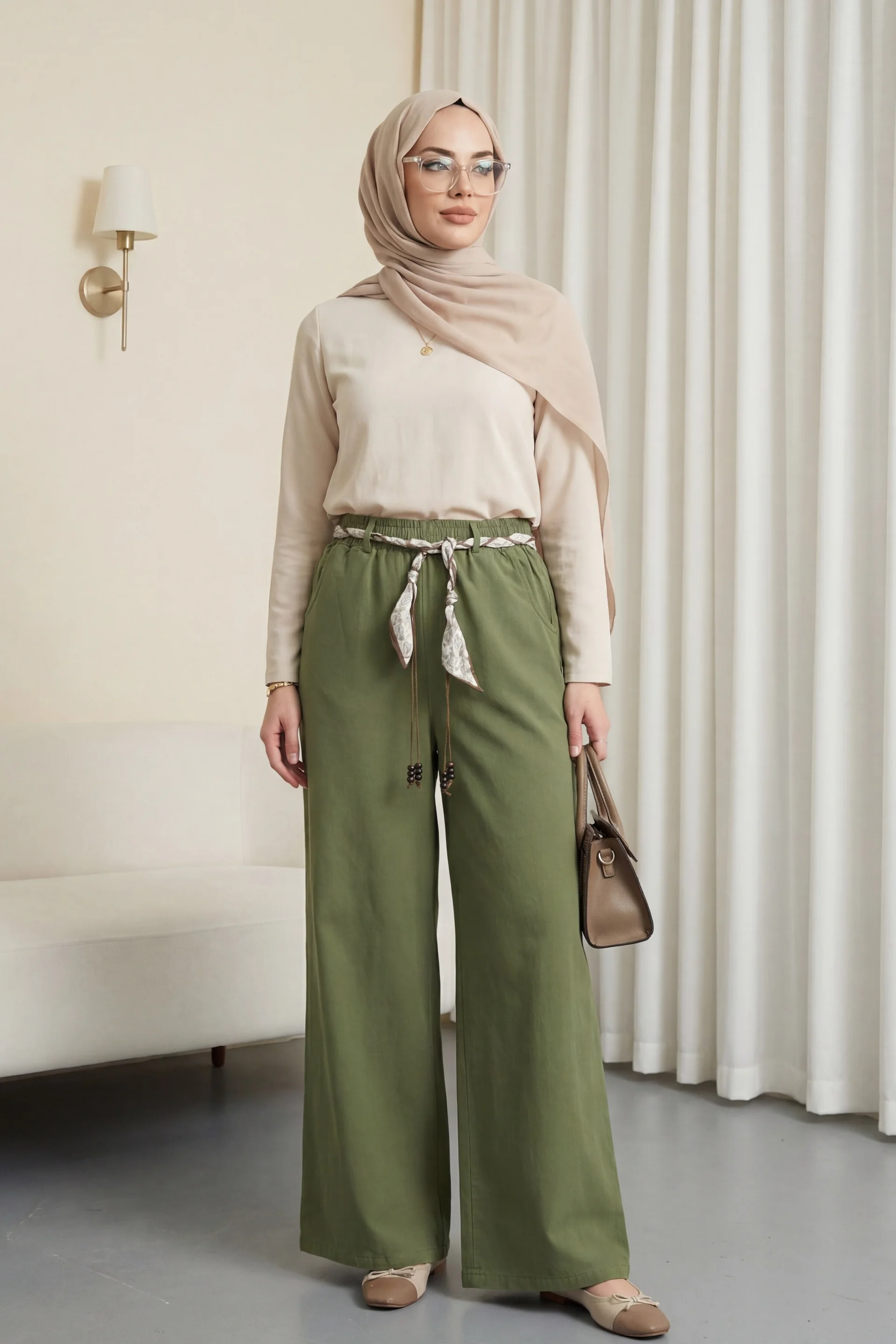 Olive Green Wide-Leg Elasticated Waist Trousers with Belt and Pockets - Podyumplus - by Peralane - photo 3