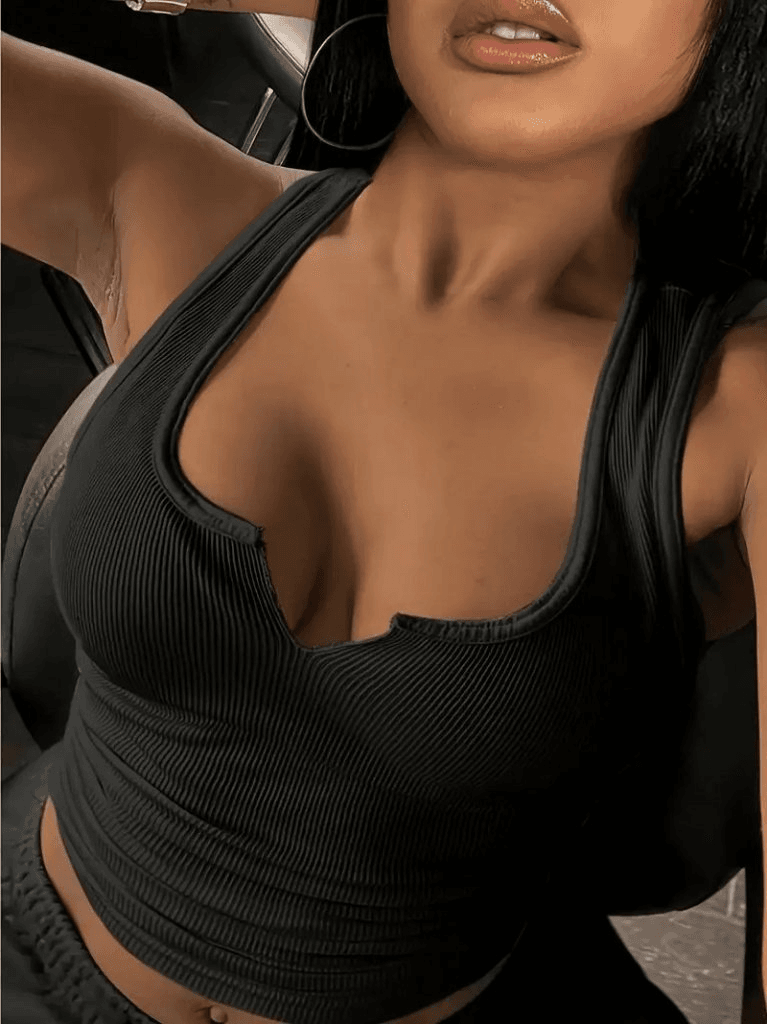 Women's Black Ribbed V-Neck Sleeveless Tank Top - Janes - by Peralane