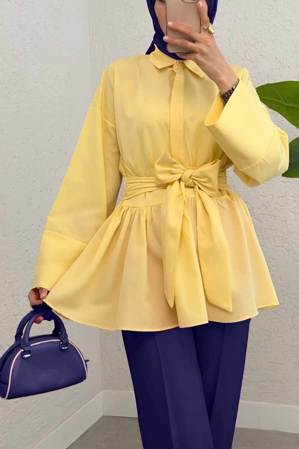 Half Button Tie-Waist Side-Zip Tunic - Yellow - Podyumplus - by Peralane
