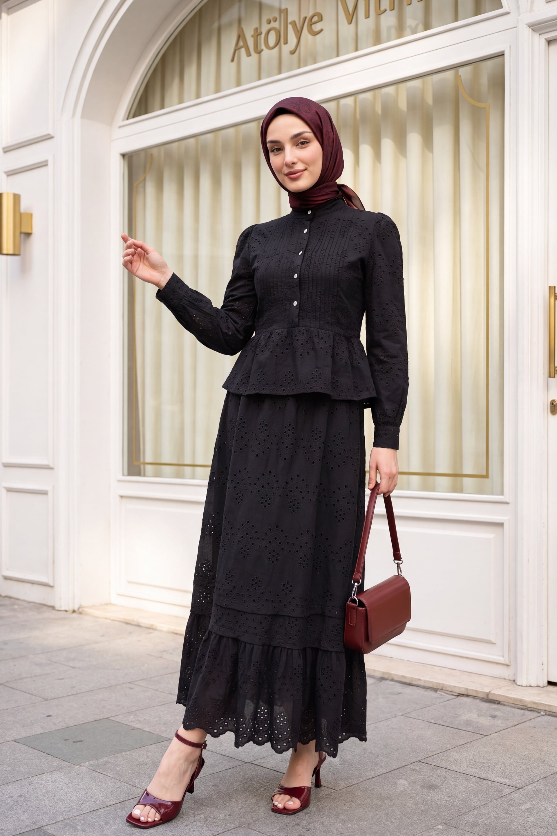 Black Cotton-Polyester Two-Piece Set with Ribbed Front, Stone Buttons, Scalloped Trim, Lined Skirt - Podyumplus - by Peralane - photo 4