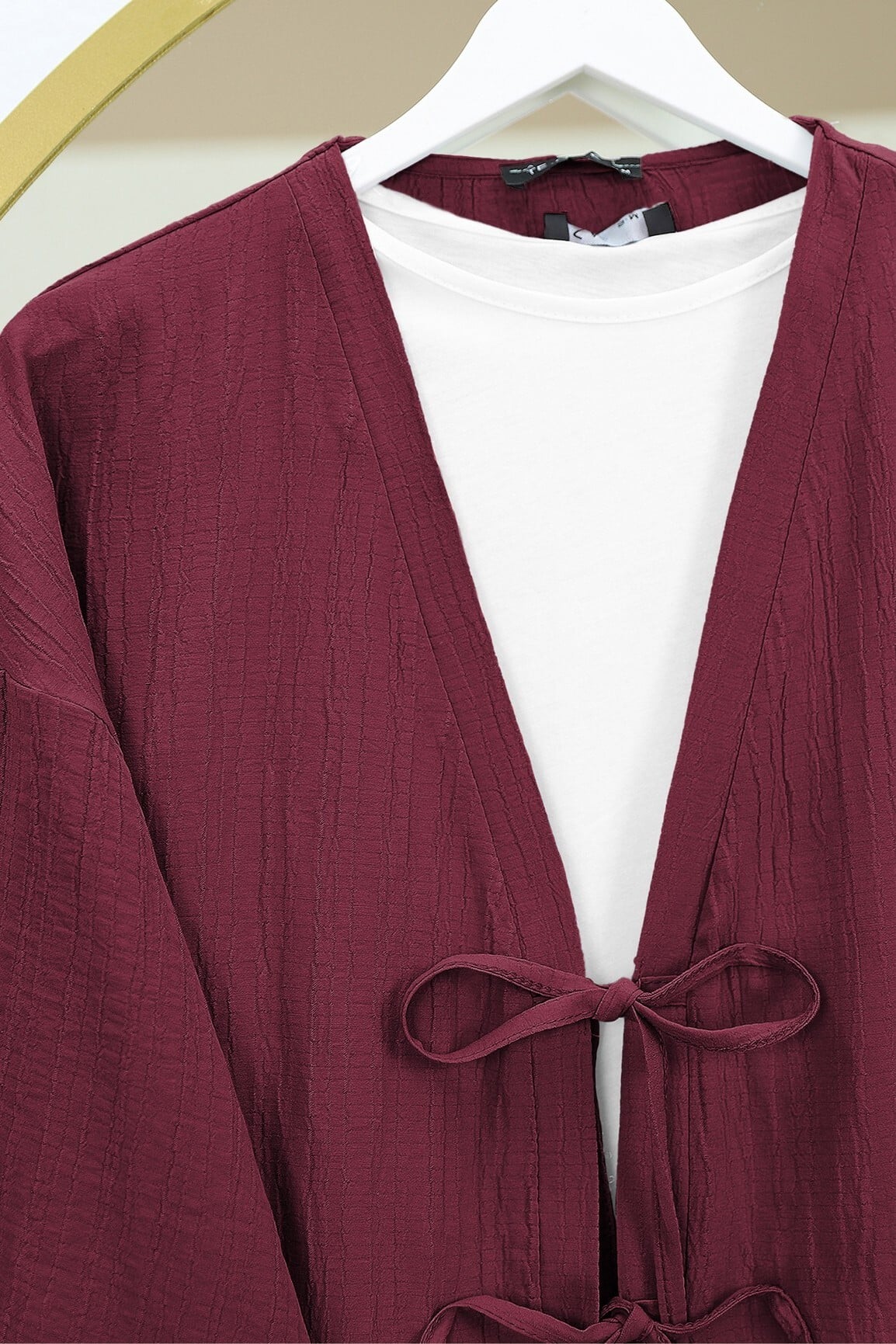 Women's Crinkled Two-Piece Set with Tie-Front Kimono Jacket and Wide-Leg Trousers - Burgundy - Podyumplus - by Peralane - photo 5