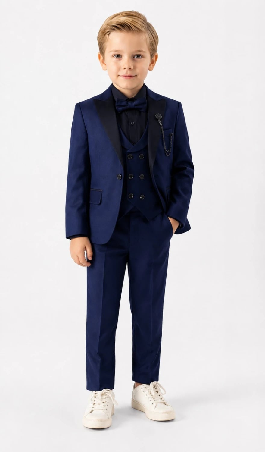 Boys' Navy Blue Tuxedo Suit Set with Satin Lapels - Terry - by Peralane