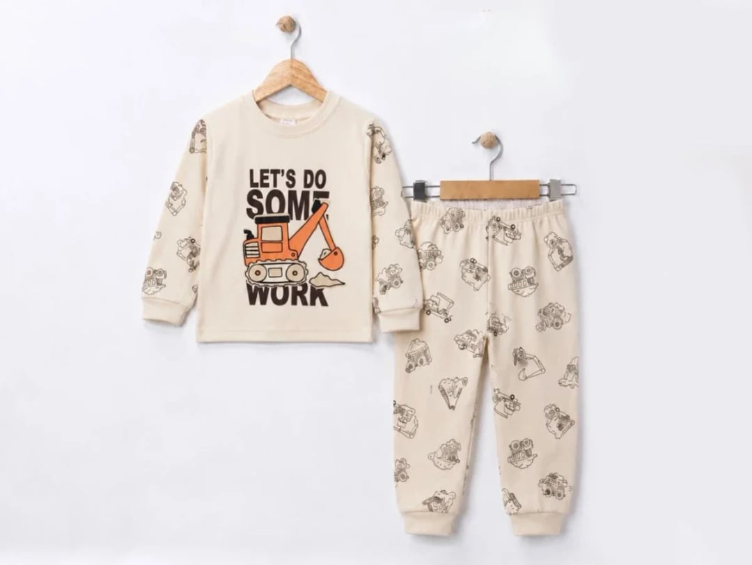 Boys' Construction Vehicle Print Pyjama Set - Beige - Supermini - by Peralane