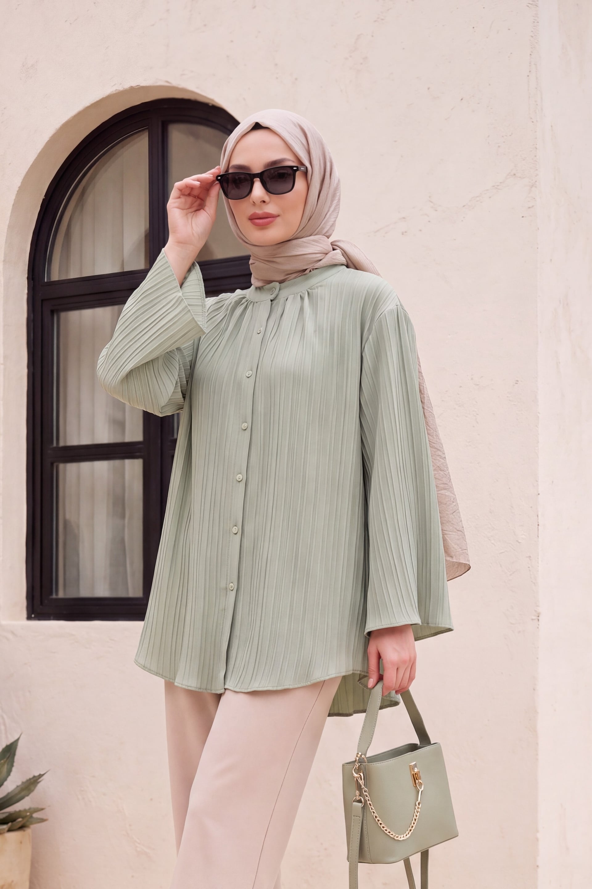 Round Neck Buttoned Spanish Sleeve Siena Tunic - Light Green - Podyumplus - by Peralane