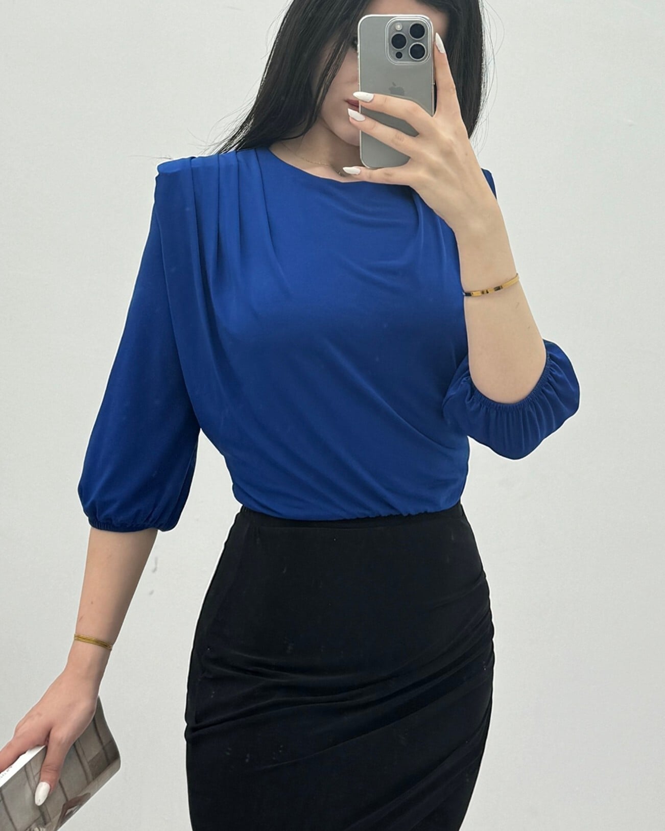 Women's Saks Blue Sendy Blouse with Inner Bodysuit, Ruffled Shoulders and Padded Shoulders - Podyumplus - by Peralane - photo 6