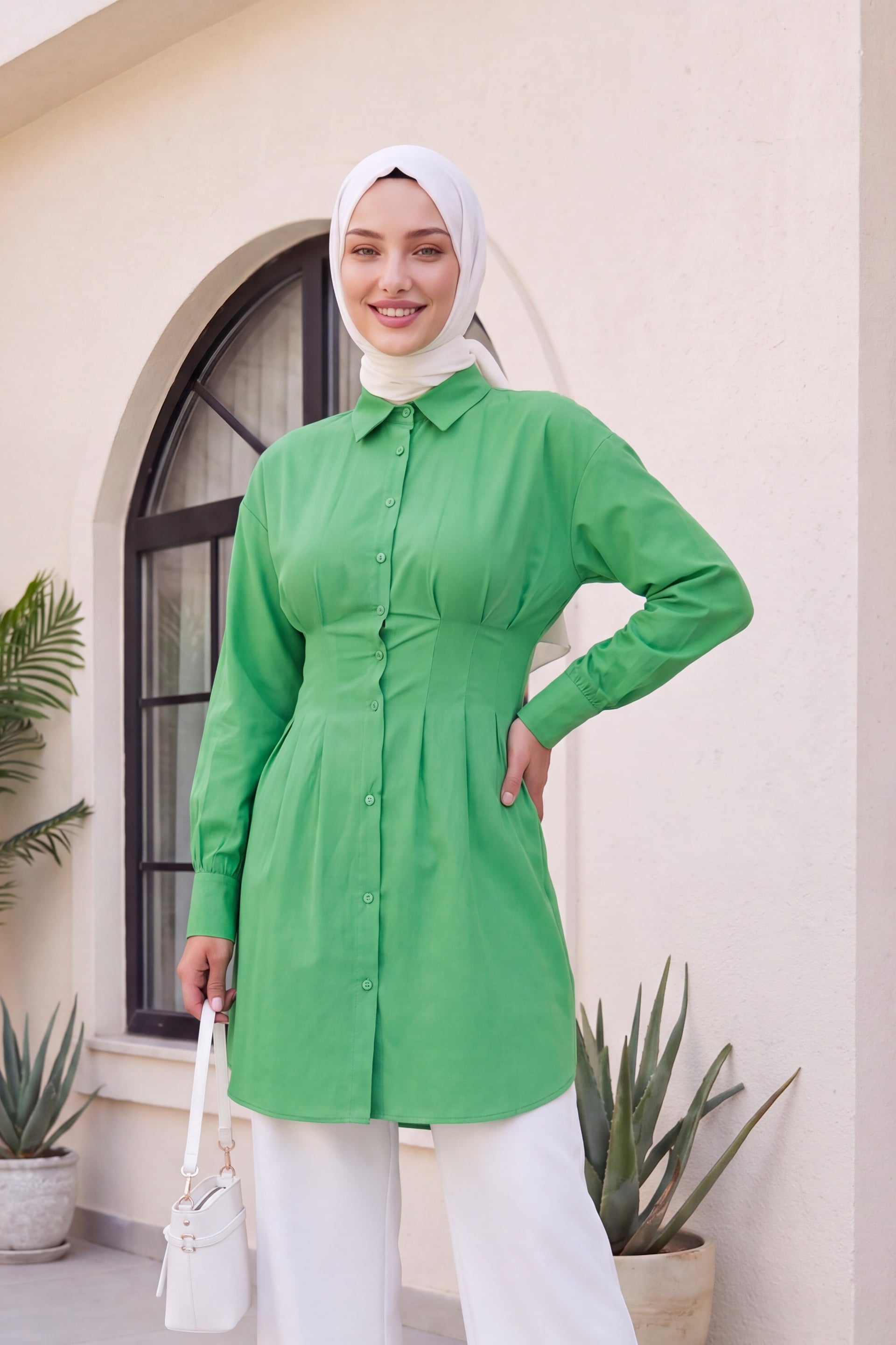 Pleated Waist Button-Front Tunic Shirt - Green - Podyumplus - by Peralane