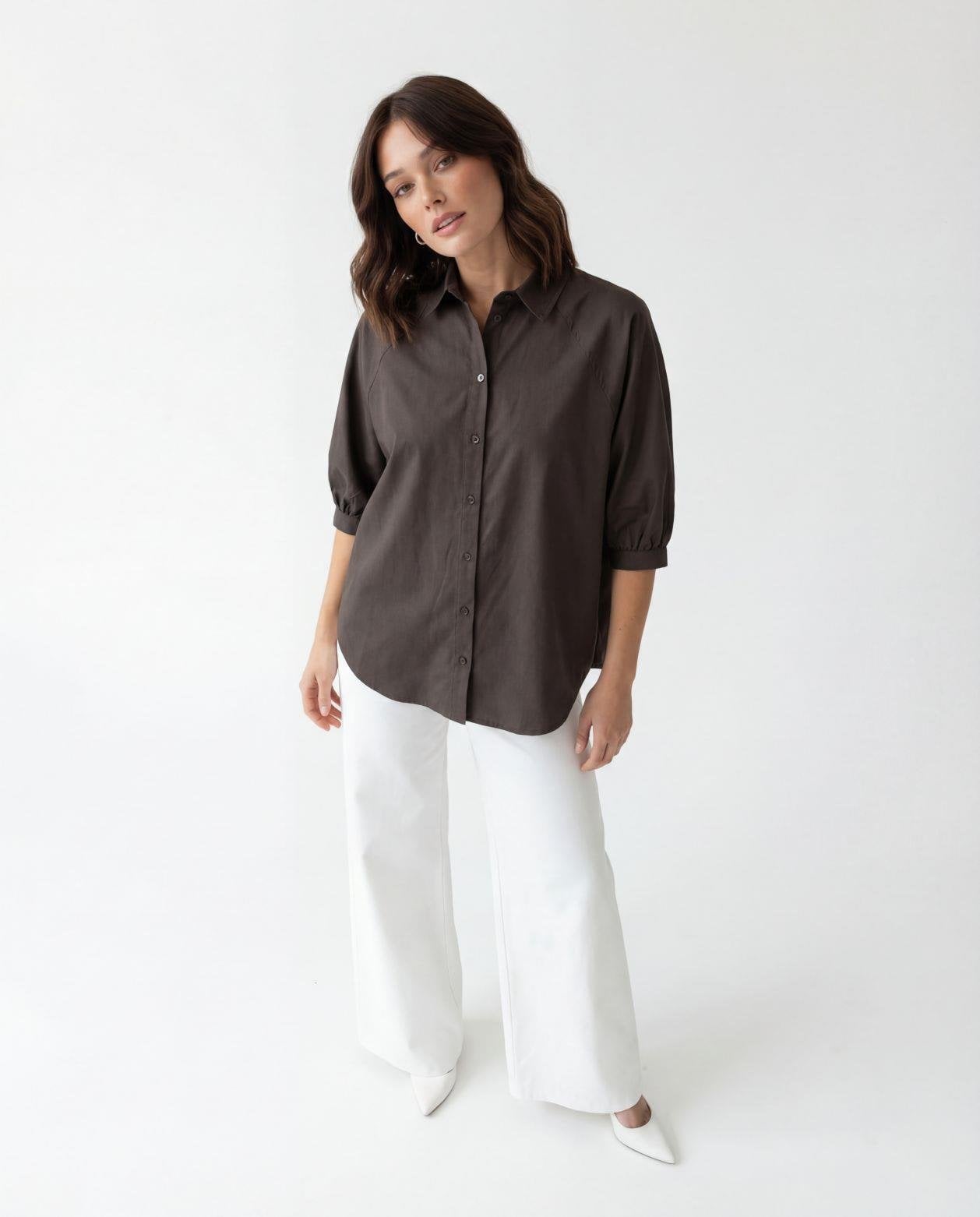 Women's Dark Brown Cotton Blend Blouse with Short Puffed Sleeves - Fame - by Peralane - photo 3