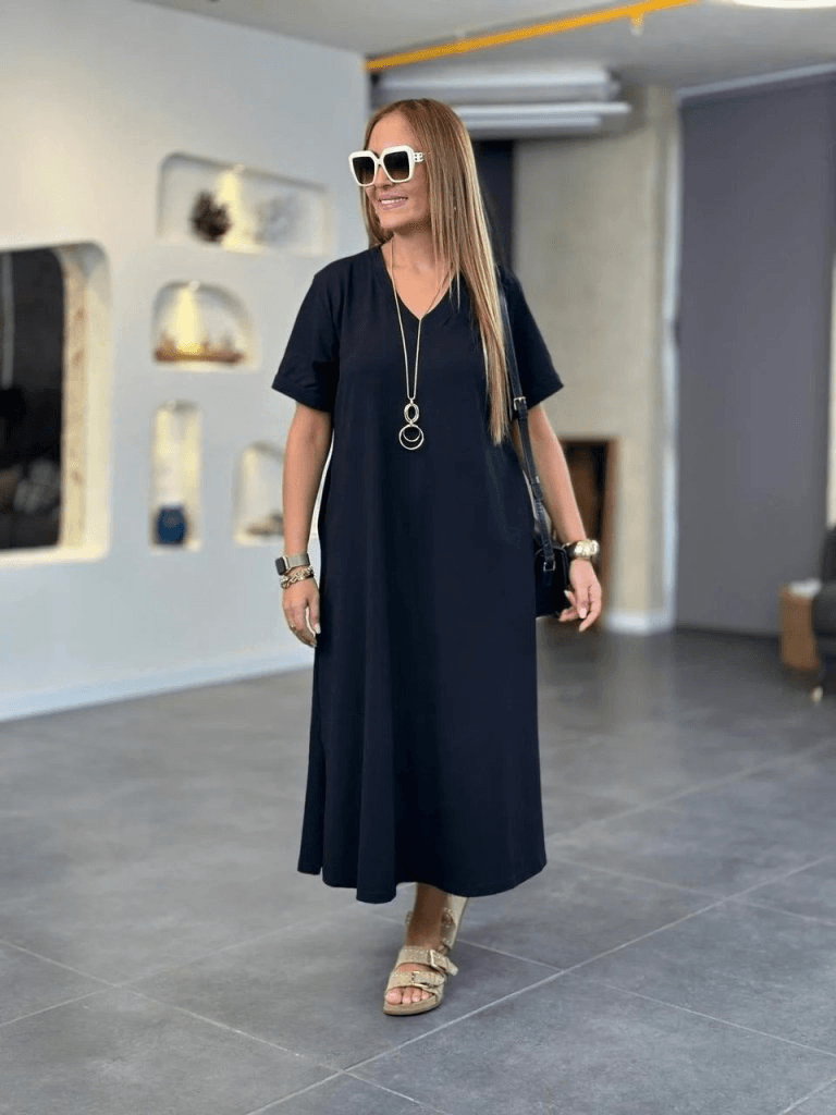 Women's Black Short-Sleeve V-Neck Mid-Maxi Jersey Dress with Pockets - Janes - by Peralane - photo 3