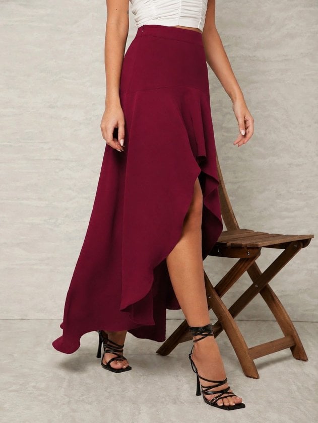 Women's High-Waist Asymmetric Ruffle Skirt in Deep Red - Janes - by Peralane - photo 2