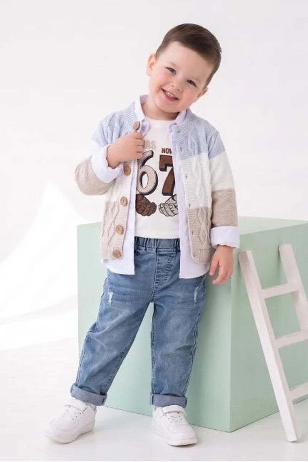 Boys' Knitted Cardigan, T-Shirt, and Jeans Set - Light Blue - Has Bereket - by Peralane