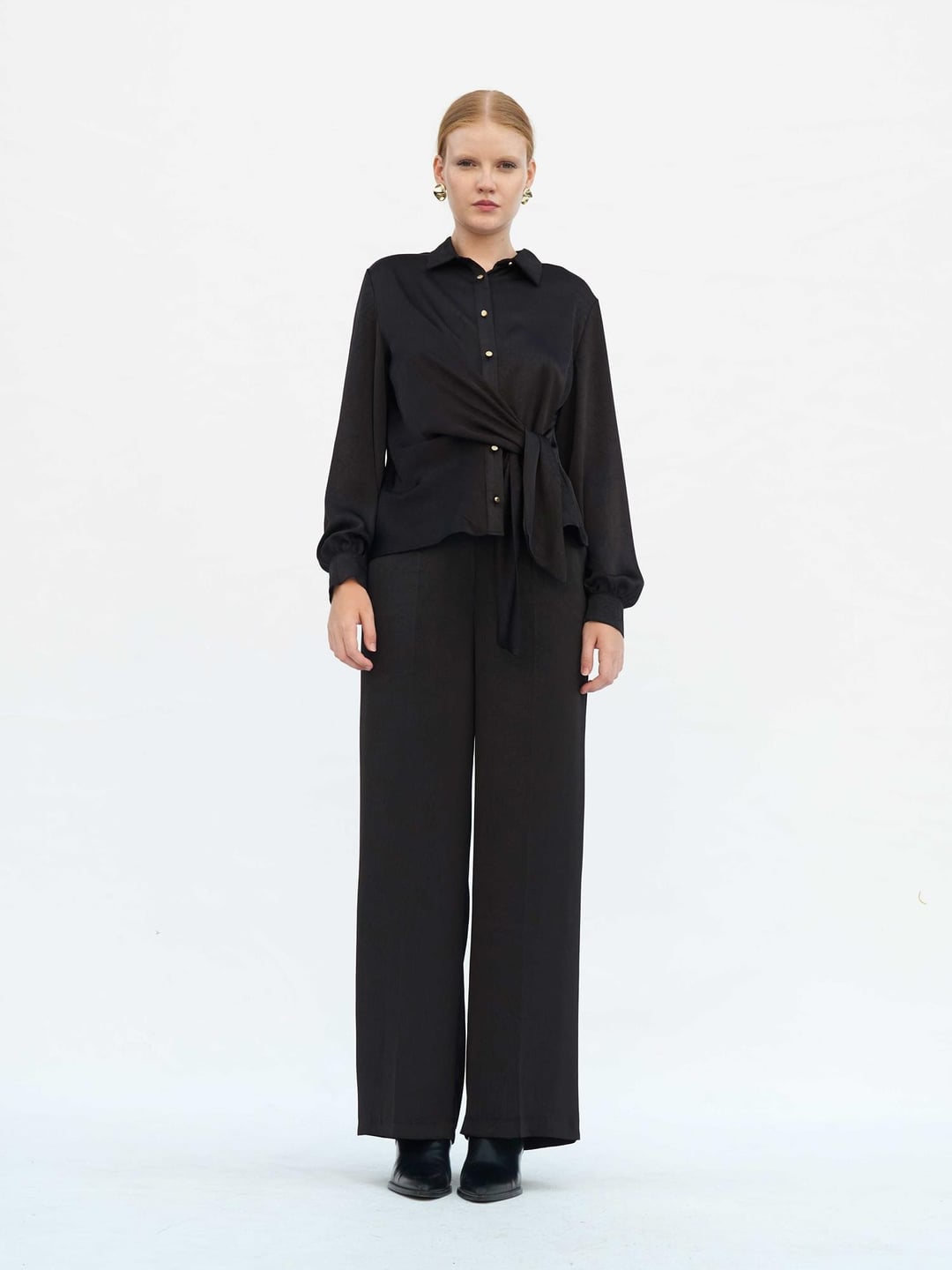 Black Satin Belted Wide-Leg Trousers - Lefon - by Peralane - photo 8