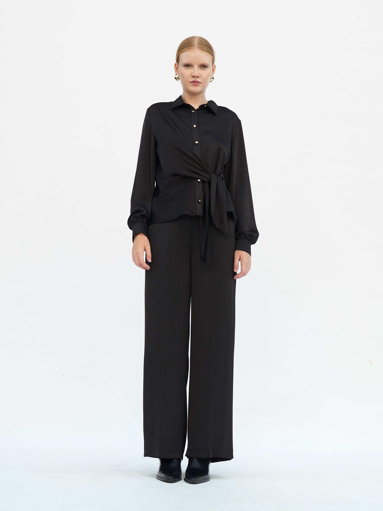 Black Satin Belted Wide-Leg Trousers - Lefon - by Peralane - photo 8
