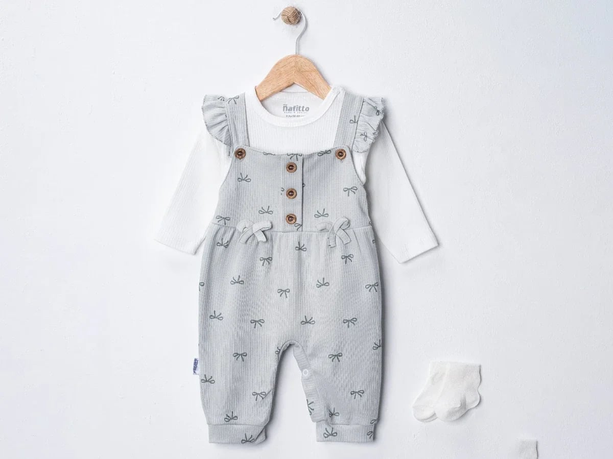 Baby Girls' Bodysuit and Dungarees Set with Bows and Socks – Grey - Nafitto - by Peralane