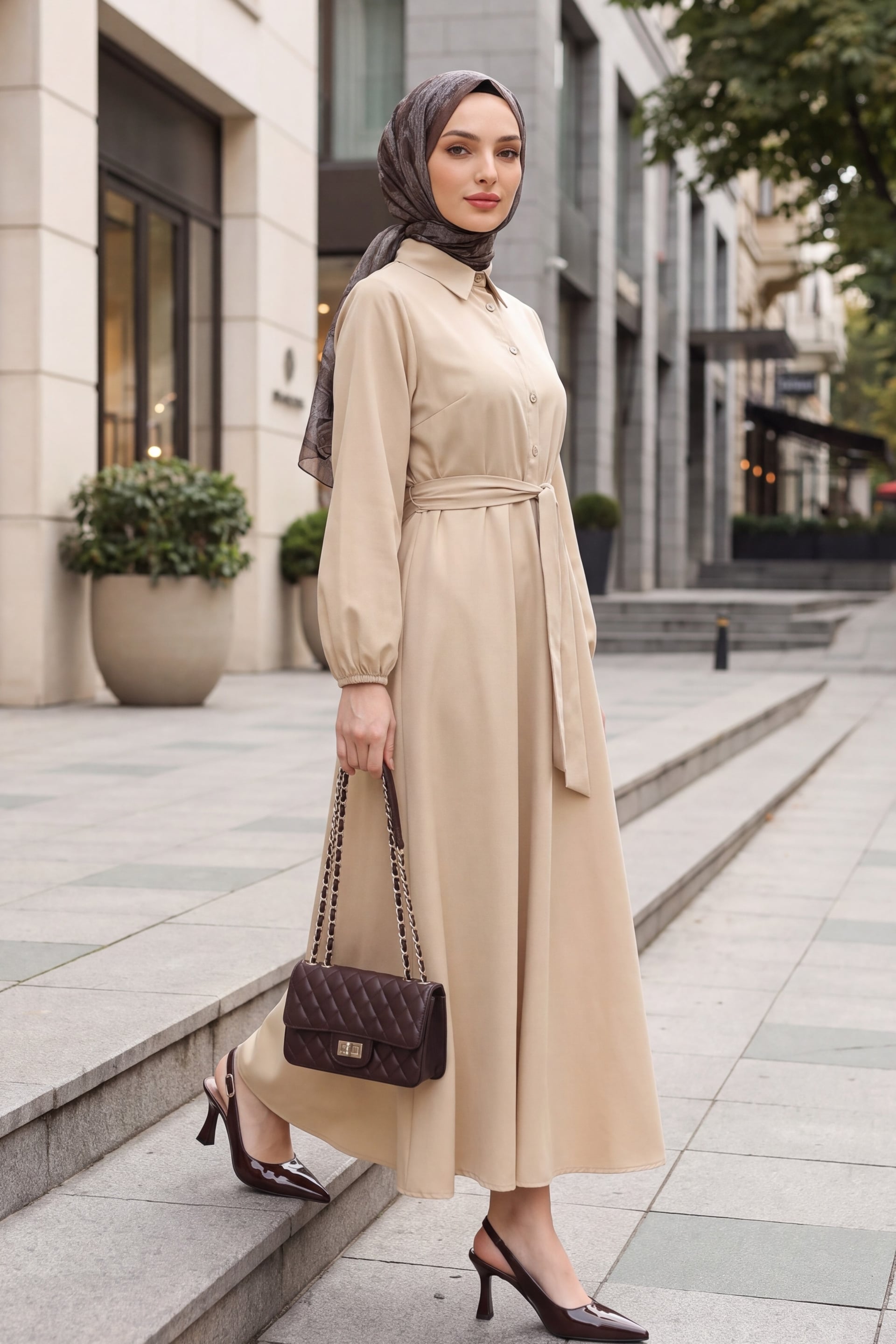 Half Button Tie Waist Dress - Light Beige - Podyumplus - by Peralane