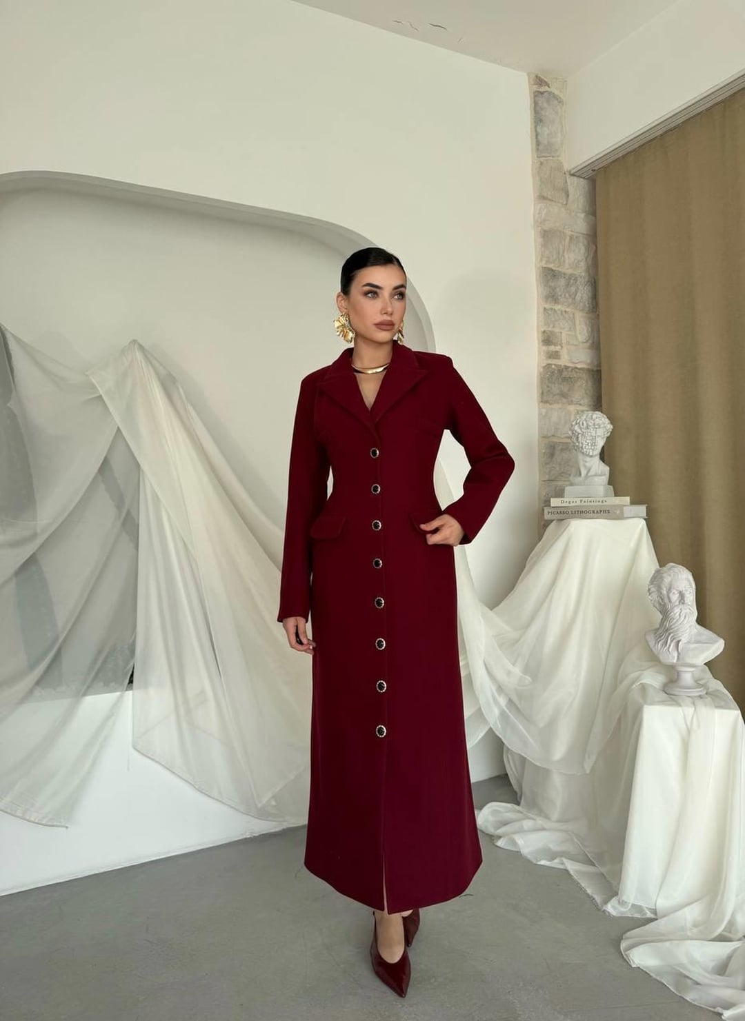 Women's Bordeaux Single-Breasted Coat with Notched Lapel and Flap Pockets - Etika - by Peralane - photo 8