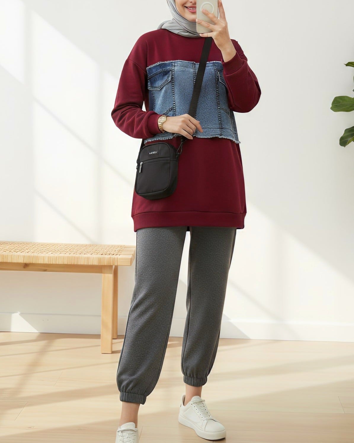 Round Neck Sweatshirt and Trousers Set with Denim Chest Pockets - Maroon - Podyumplus - by Peralane - photo 2