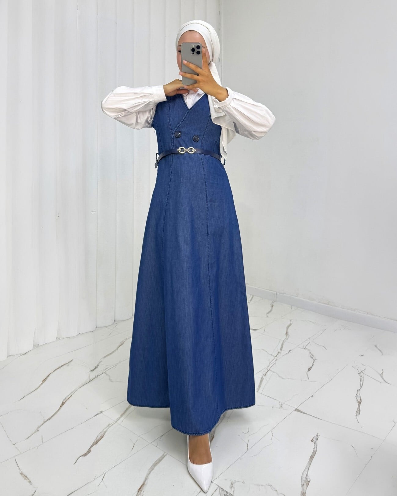 Double-Breasted Belted Denim Jumpsuit - Indigo - Podyumplus - by Peralane - photo 7