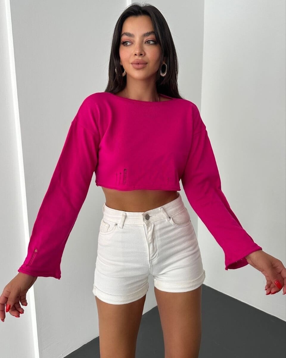 Fuchsia Ribbed Knit Crop Sweatshirt with Boat Neck - Podyumplus - by Peralane - photo 4